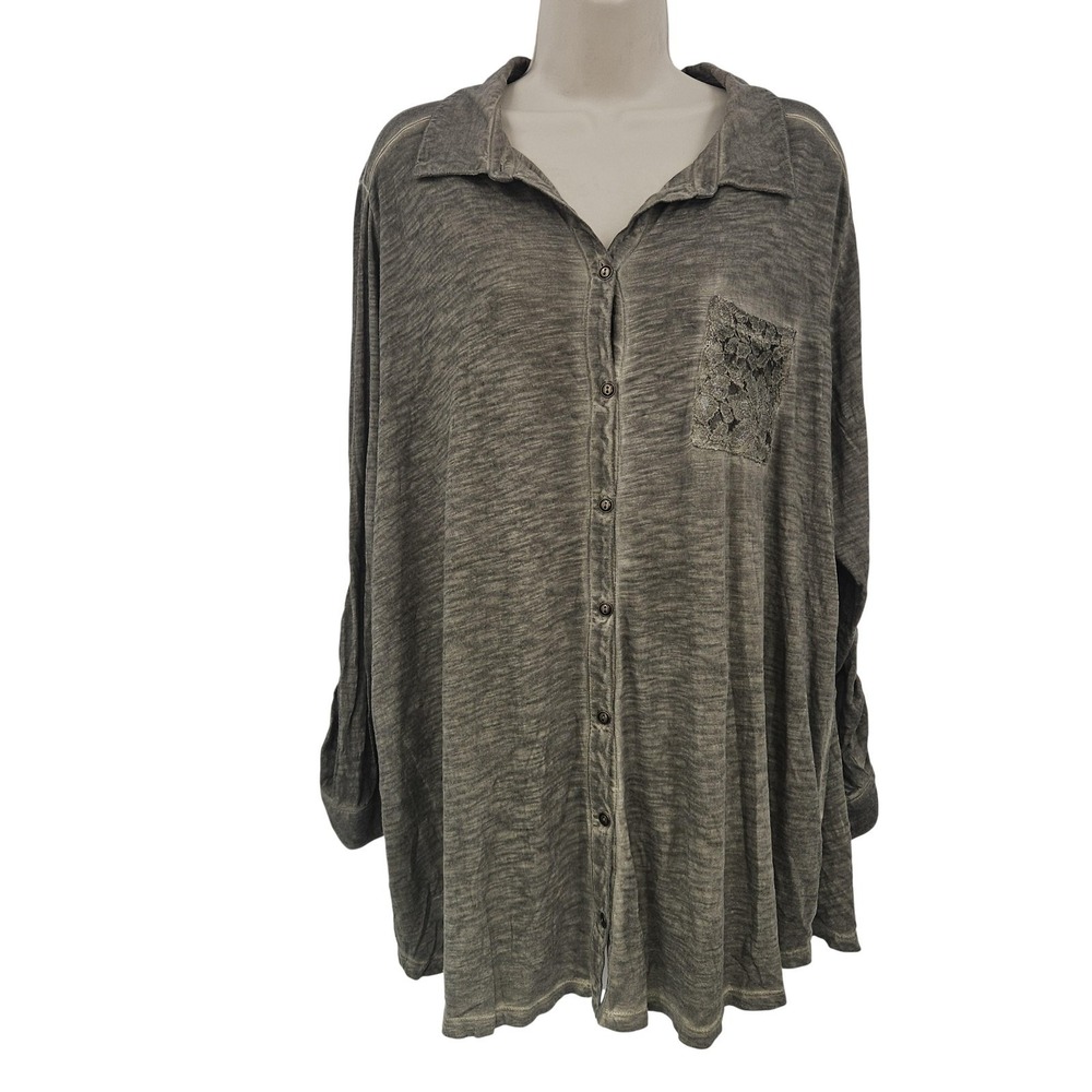 Catherines Top Women 1X Green Button Up Lace Pocket Boho Forest Fairycore Grunge